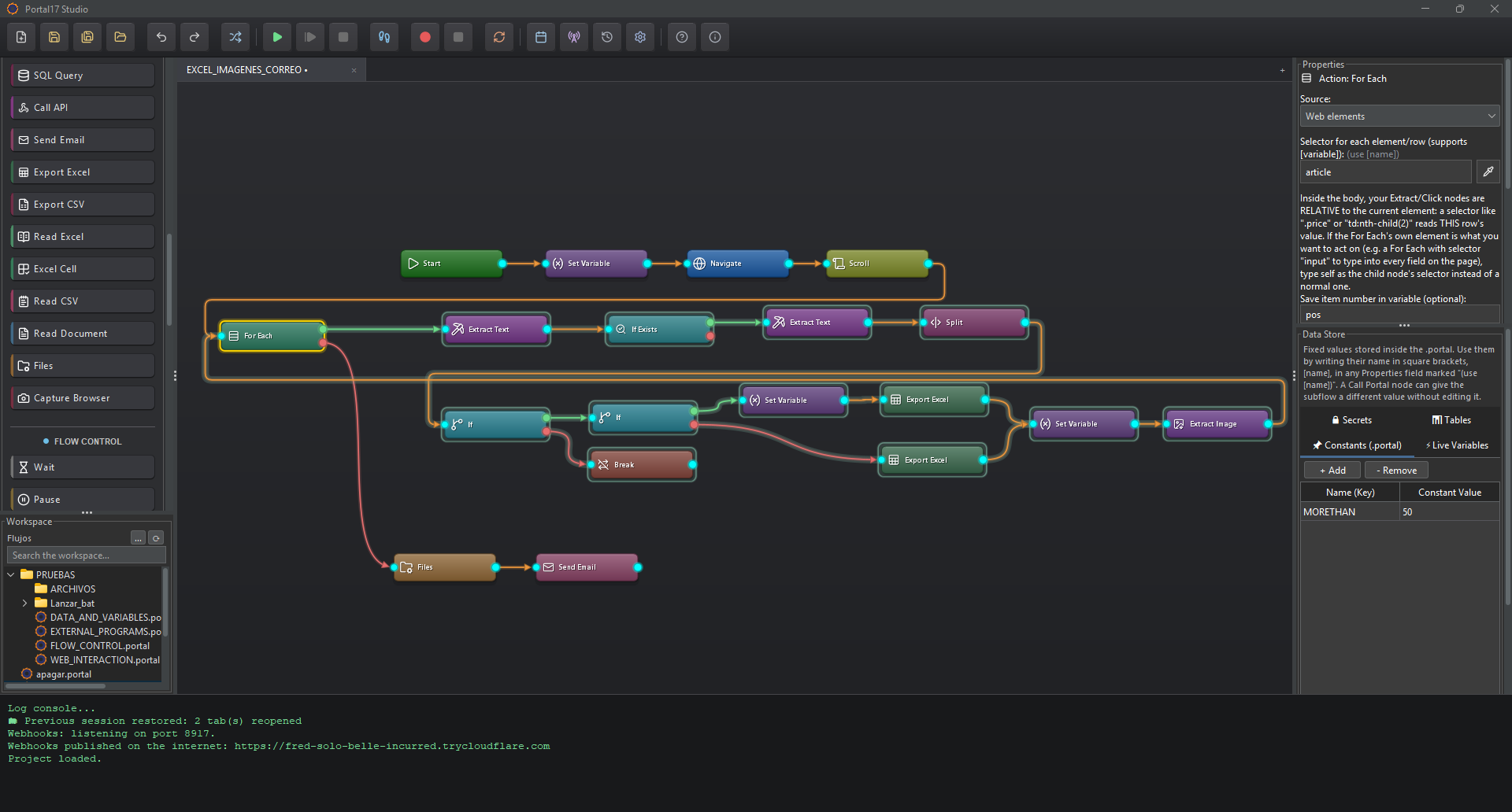 Portal17 Studio: connected nodes extract web data, branch on conditions, export to Excel and send an email.